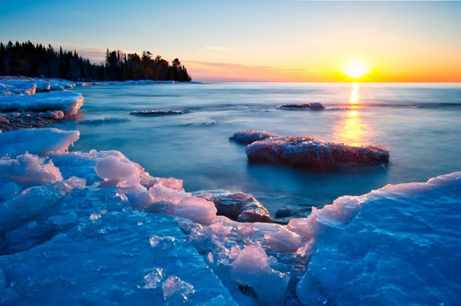 Lake Superior Ice Wanes under a Spring Sunrise. (Visit Keweenaw, Photo Credit: Colton Haataja.)