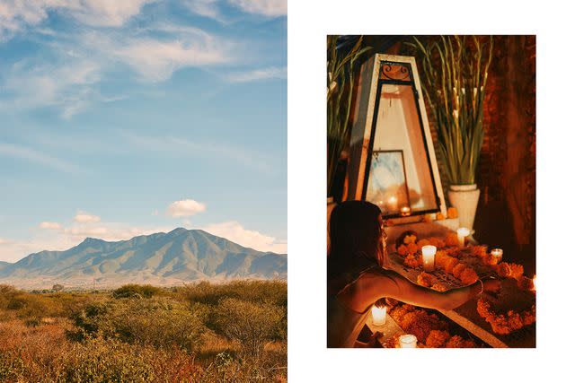 <p>Daniel Seung Lee</p> From left: A view of the hills outside Oaxaca City; a grave in Xochimilco cemetery during Día de los Muertos.