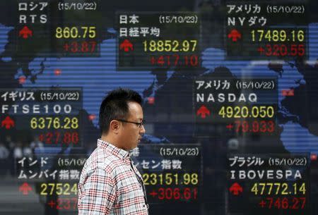 A man walks past an electronic board showing the stock market indices of various countries outside a brokerage in Tokyo, Japan, October 23, 2015. REUTERS/Toru Hanai