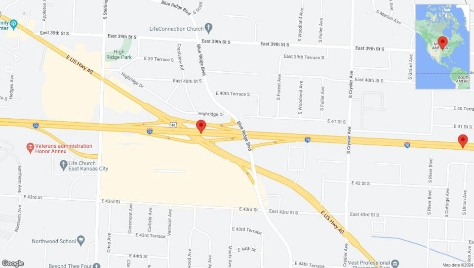 A detailed map that shows the affected road due to 'I-70 Richtung Noland Road/Exit 12' on January 8th at 11:50 p.m.