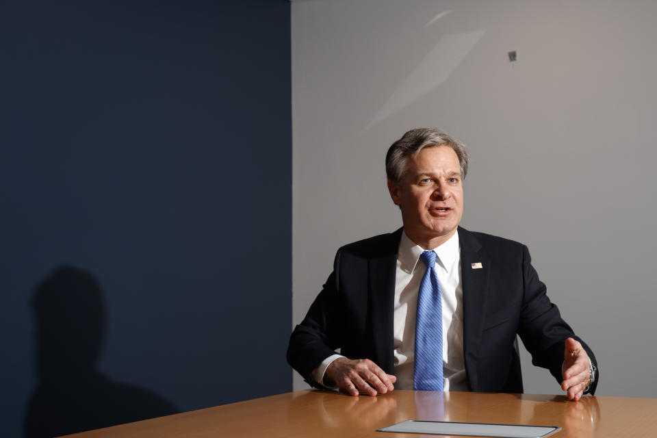 FBI Director Christopher Wray speaks during an interview with The Associated Press, Monday, Dec. 9, 2019, in Washington. Wray says the problems found by the Justice Department watchdog examining the origins of the Russia probe are “unacceptable." (AP Photo/Jacquelyn Martin)