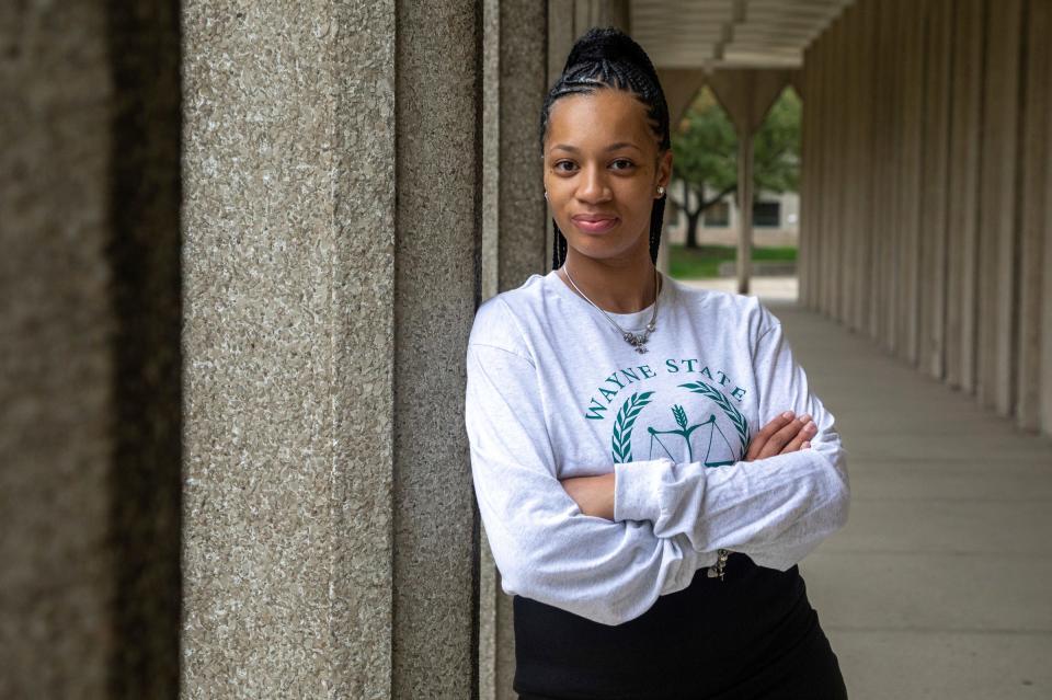 Ayanna Adams, 29, an undergraduate student at Wayne State University majoring in psychology with a law minor, stands at the Wayne State University campus in Detroit on Wednesday, Sept. 27, 2023. Adams serves on the executive board of Wayne State's Black Student Union and is the community outreach chair. Adams, who earned a 3.86 grade point average during the spring/summer semester, was welcomed warmly on campus by the Black Student Union before she was even officially enrolled at the university.
