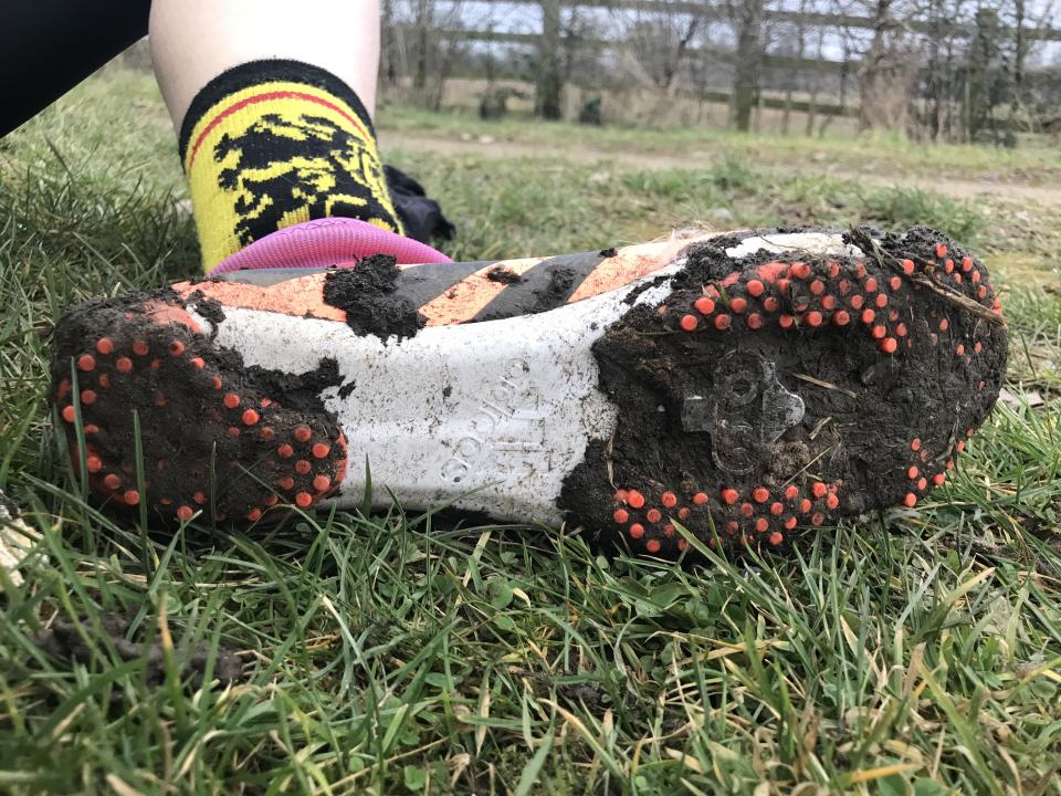 Muddy underside of the Adidas Gravel Cycling Shoe
