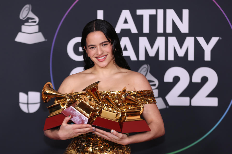 LAS VEGAS, NV - NOVEMBER 17: Rosal&#xed;a poses with the awards for Best Recording Package, Album of the Year, and Best Alternative Music Album in the media center for The 23rd Annual Latin Grammy Awards at the Mandalay Bay Events Center on November 17, 2022 in Las Vegas, Nevada. (Photo by Omar Vega/FilmMagic)