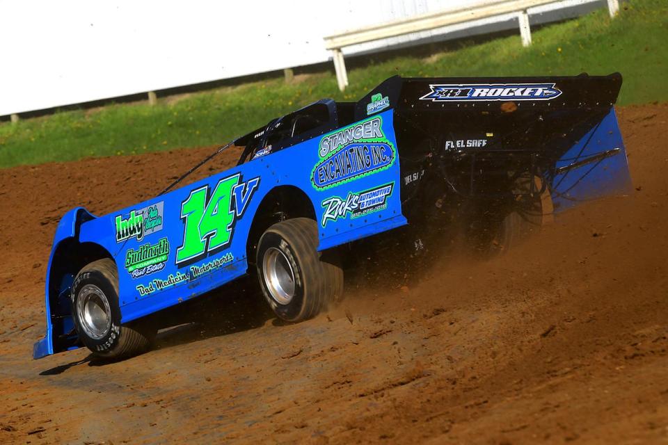 Bedford's Britan Godsey blasts off a turn at Brownstown Speedway on April 16 when he claimed his first career victory.