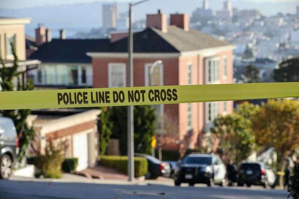 Police take measurements around House Speaker Nancy Pelosi’s San Francisco home after her husband, Paul Pelosi, was assaulted inside the home on Oct. 28, 2022. <a href="https://www.gettyimages.com/detail/news-photo/police-take-measurements-around-speaker-of-the-united-news-photo/1244292841?phrase=pelosi%20home&adppopup=true" rel="nofollow noopener" target="_blank" data-ylk="slk:Tayfun Coskun/Anadolu Agency via Getty Images;elm:context_link;itc:0;sec:content-canvas" class="link ">Tayfun Coskun/Anadolu Agency via Getty Images</a>