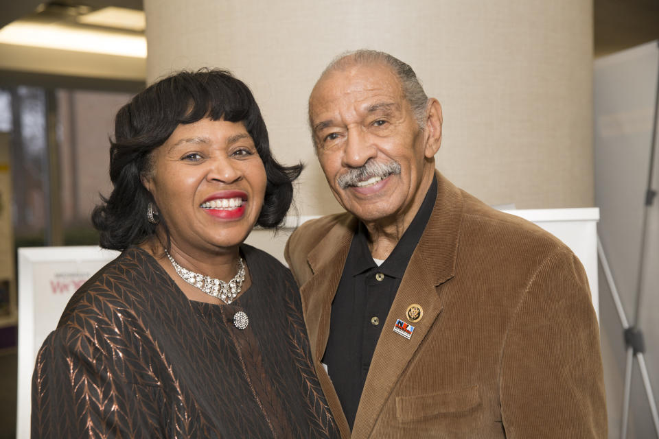 Detroit City Council President Brenda Jones poses with then-Rep. John Conyers Jr. (D-Mich.) in April 2016. Conyers' resignation opened up the House seat that Tlaib now occupies. (Photo: Monica Morgan/Getty Images)