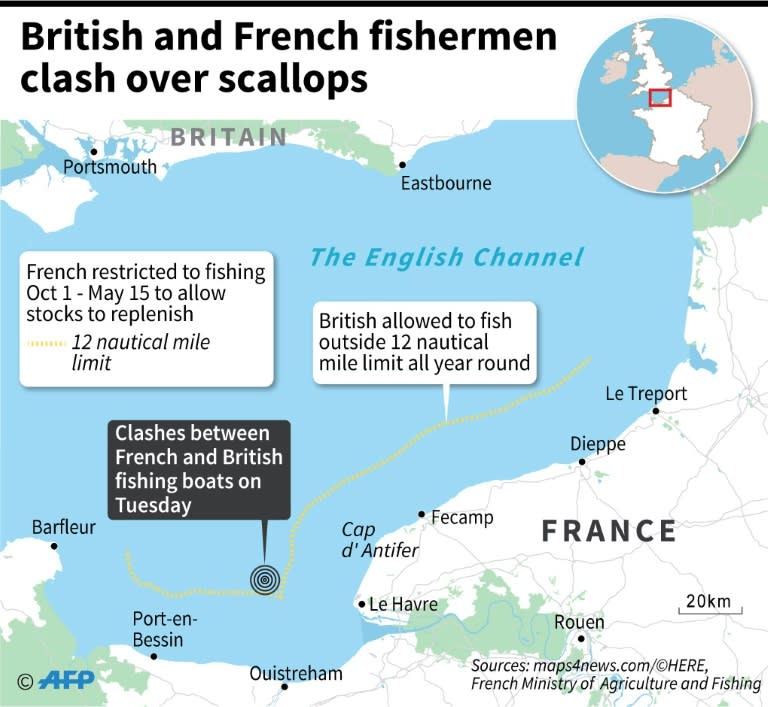 Map of the English Channel locating where British and French fishing boats clashed over scallops