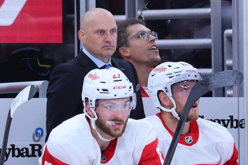 Red Wings coach Derek Lalonde looks on against the Blackhawks during the second period of preseason game on Tuesday, Oct. 3, 2023, in Chicago.