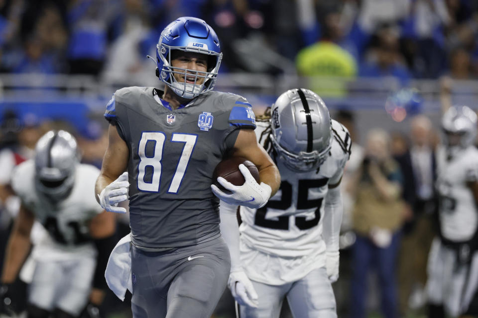 Detroit Lions tight end Sam LaPorta (87) runs into the endzone after an 18-yard pass reception for a touchdown during the first half of an NFL football game against the Las Vegas Raiders, Monday, Oct. 30, 2023, in Detroit. (AP Photo/Duane Burleson)