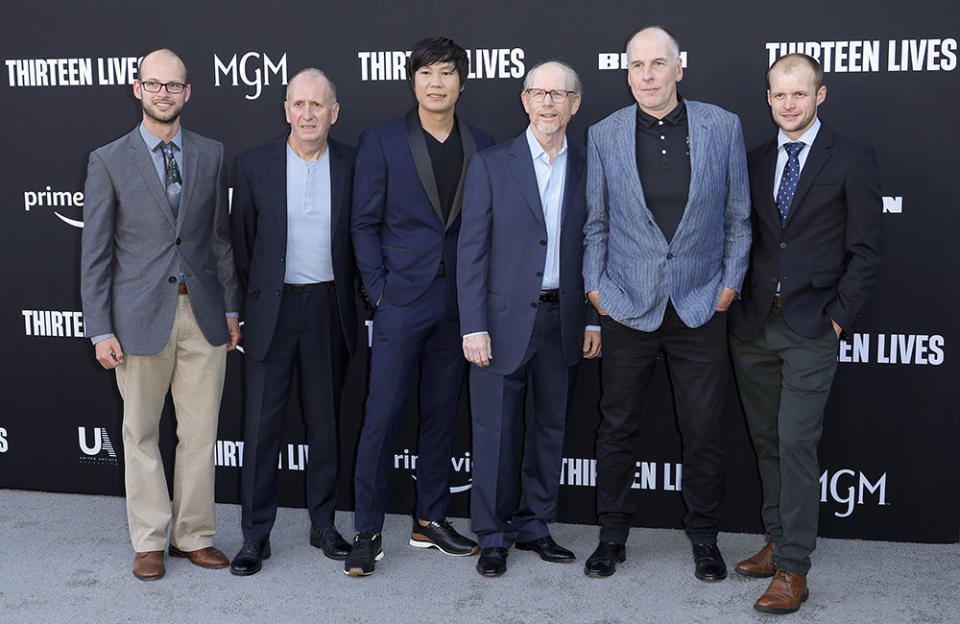 (L-R) Josh Bratchley, Vernon Unsworth, Thanet Natisri, Ron Howard, Rick Stanton, and Connor Roe attends the premiere of Prime Video's "Thirteen Lives" at Westwood Village Theater on July 28, 2022 in Los Angeles, California.