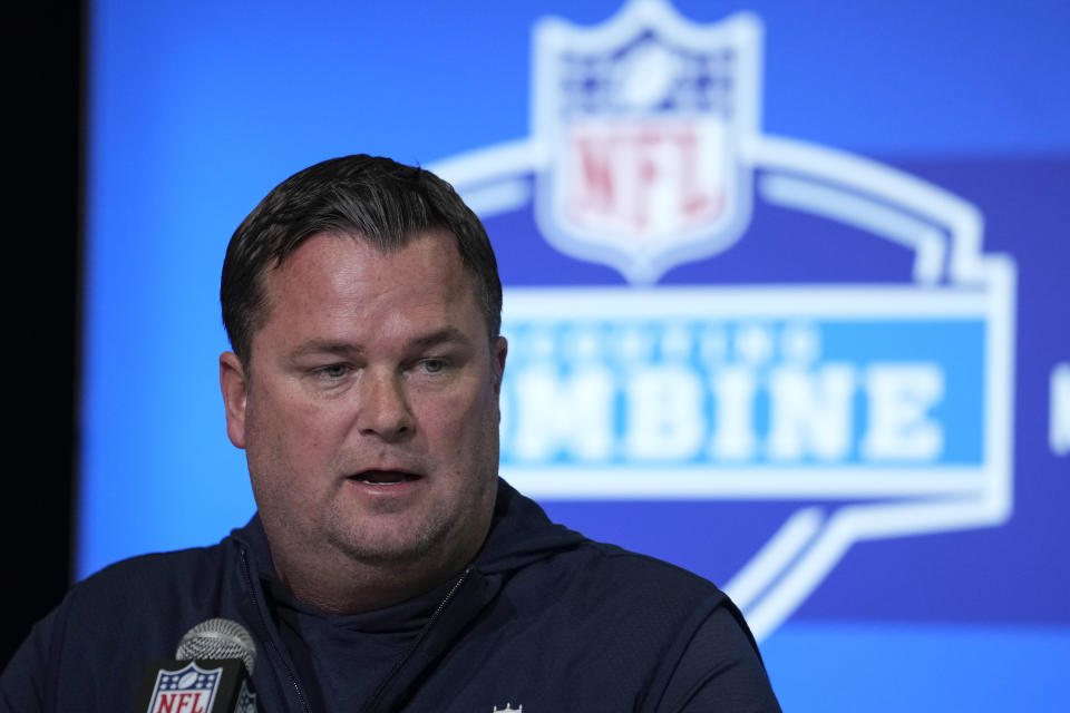 Carolina Panthers general manager Scott Fitterer speaks during a press conference at the NFL football scouting combine in Indianapolis, Wednesday, March 1, 2023. (AP Photo/Michael Conroy)