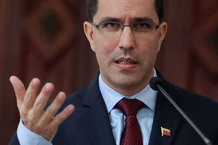 Venezuela's Foreign Minister Jorge Arreaza talks to the media during a news conference in Caracas, Venezuela August 16, 2017. REUTERS/Marco Bello