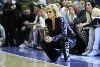 LSU head coach Kim Mulkey reacts from the bench in the second half an NCAA college basketball game against South Carolina in Baton Rouge, La., Thursday, Jan. 25, 2024. South Carolina won 76-70. (AP Photo/Gerald Herbert)