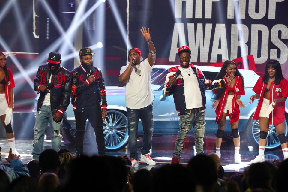 Left to right, Karlous Miller and Chico Bean of 85 South, rapper Nelly, and DC Young of 85 South perform during the 2021 BET Hip Hop Awards. Comedians Miller, Bean and Young will bring "The 85 South Show" to the Palace Theatre on Sunday.