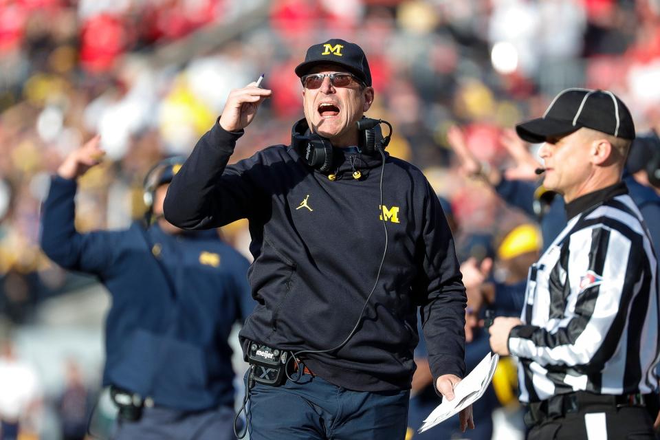 Michigan coach Jim Harbaugh reacts to a play during his team's game against Ohio State at Ohio Stadium in Columbus, Ohio, on Saturday, Nov. 26, 2022.