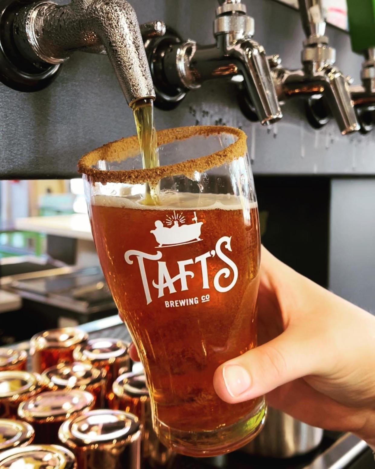 Frisch's Pumpkin Pie Ale, served at Taft's Brewporium in Franklinton, comes in a cinnamon-sugar-rimmed pint glass.