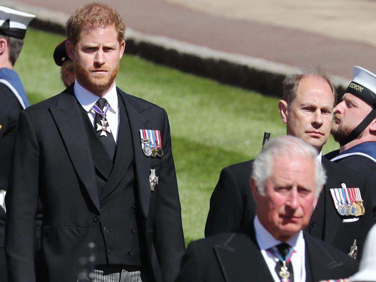 Prince Harry, Duke of Sussex, Prince Charles, Prince of Wales and Prince Edward, Earl of Wessex during the funeral of Prince Philip, Duke of Edinburgh at Windsor Castle on 17 April 2021 in Windsor (Getty Images)