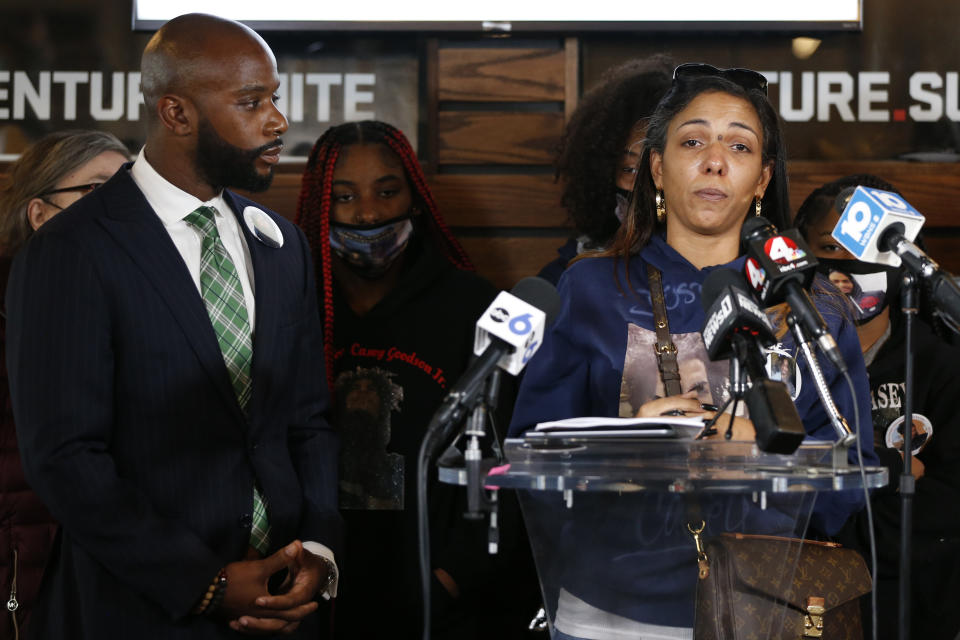 Tamala Payne, right, mother of Casey Goodson Jr., speaks during a news conference Thursday, Dec. 2, 2021, in Columbus, Ohio about the indictment of a former deputy who shot and killed her son. Jason Mead, the Ohio sheriff's deputy who fatally shot Casey Goodson Jr. in the back five times has been charged with murder and reckless homicide. (AP Photo/Jay LaPrete)