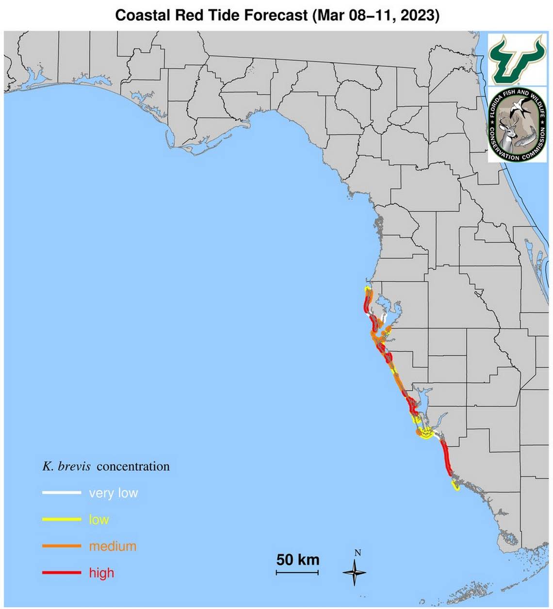 A map shows a short-term red tide forecast for Southwest Florida from the University of South Florida College of Marine Science’s Ocean Circulation Lab. 