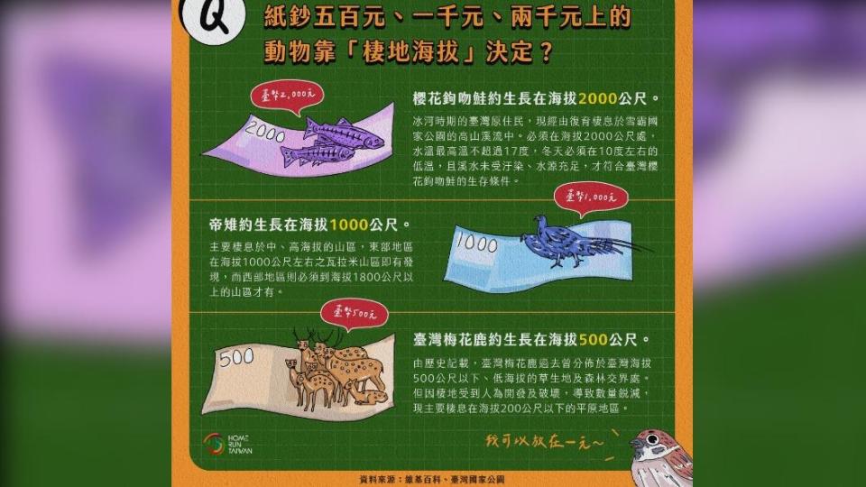 粉專分享新台幣奧秘，鈔票上的數字對應著動物棲息的海拔高度，讓大批網友讚長知識。（圖／翻攝自Home Run Taiwan）