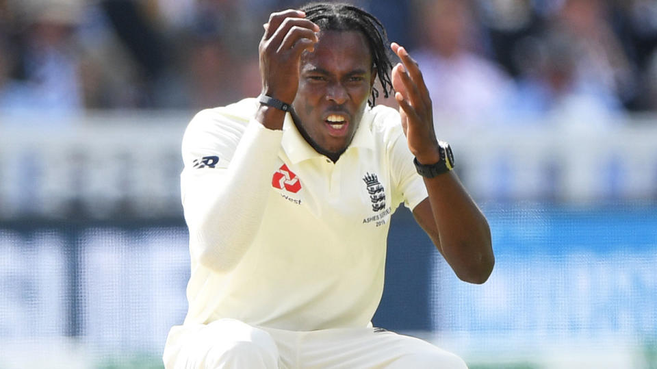 England bowler Jofra Archer, pictured reacting to a Steve Smith miss, has found an ally in Ian Healy.