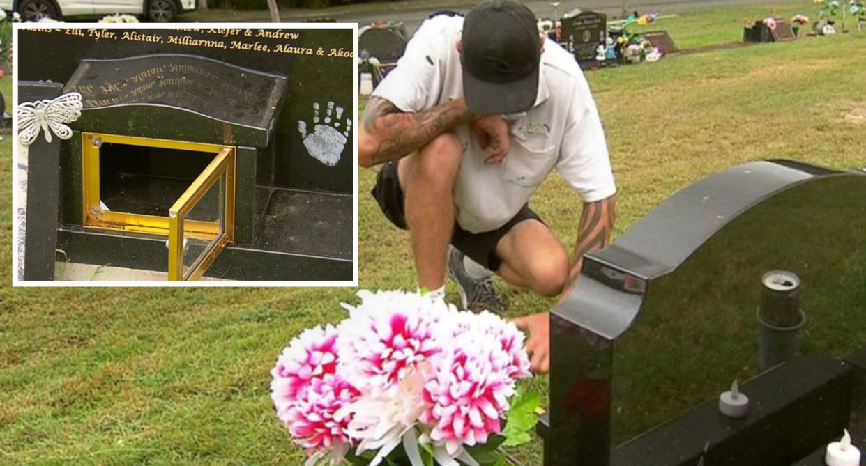 Brittany's father is seen at her grave with the empty locked-box pictured where her tiara normally lies. 