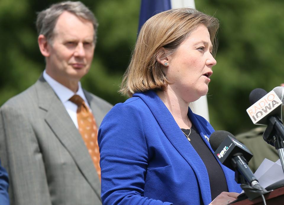 Iowa Attorney General Brenna Bird speaks with members of a new antisemitism task force at the Iowa Holocaust Memorial at Iowa Capitol on Friday, May 10, 2024, in Des Moines, Iowa.