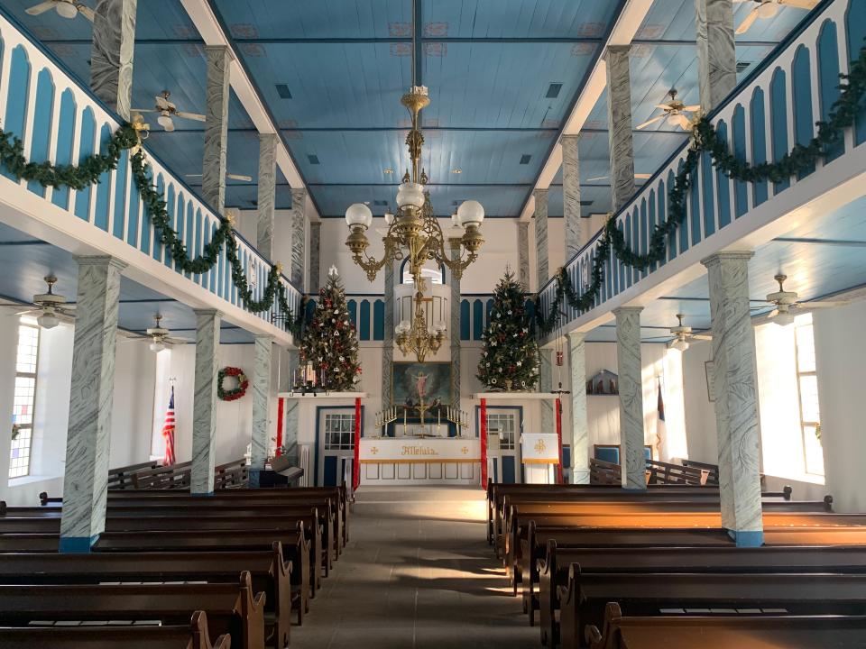 St. Paul Lutheran Church in Serbin, Texas, is plain and somber on the outside, colorful and almost dreamy on the inside.