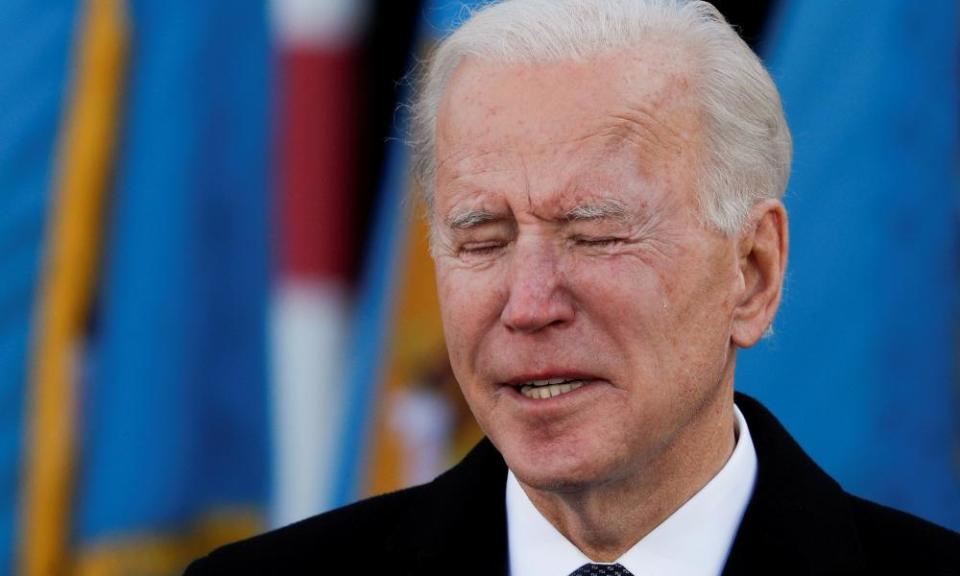 Joe Biden cries as he speaks during an event at Major Joseph R ‘Beau’ Biden III National Guard/Reserve Center in New Castle, Delaware.