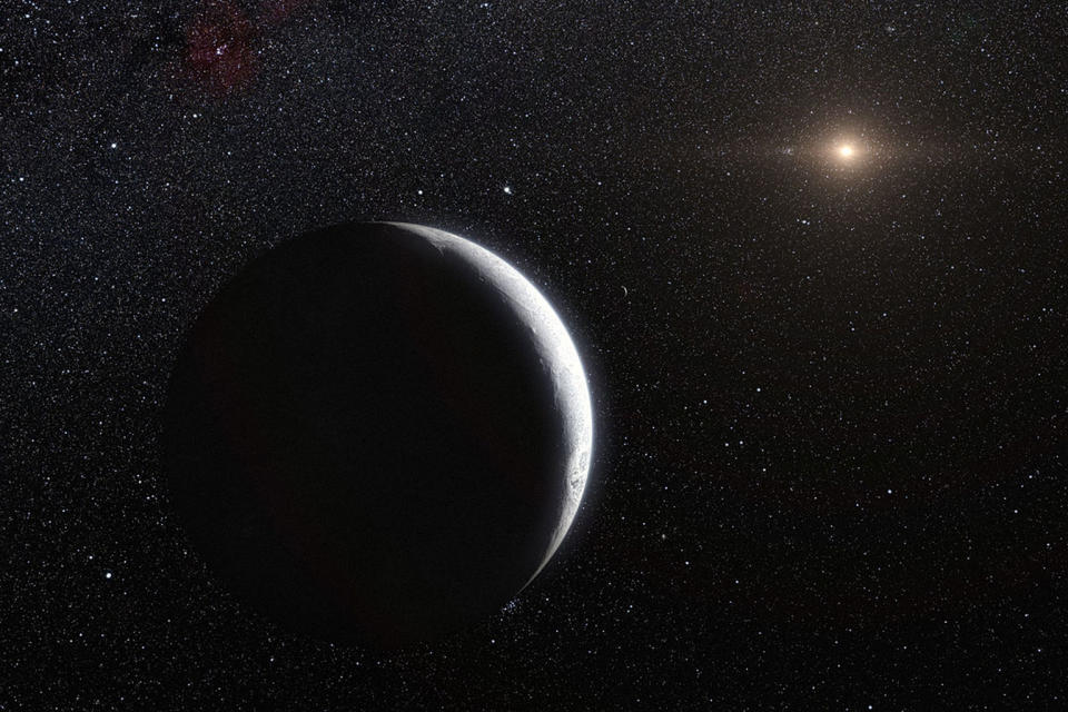 This artist's impression shows the distant dwarf planet Eris. New observations have shown that Eris is smaller than previously thought and almost exactly the same size as Pluto. Eris is extremely reflective and its surface is probably covered in frost formed from the frozen remains of its atmosphere. The distant Sun appears to the upper right and both Eris and its moon Dysnomia (center) appear as crescents. <cite>ESO/L. Calçada</cite>