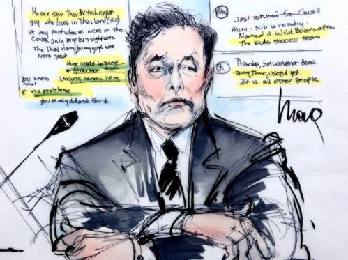 Courtroom sketch shows Elon Musk during the trial in Los Angeles, California, 4 December 2019.
