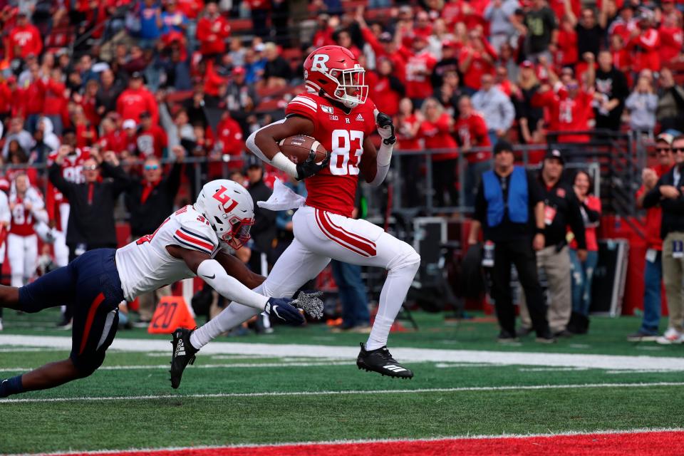 Rutgers wide receiver Isaiah Washington scores his only college touchdown in 2019 against Liberty. Washington, a Trinity Christian graduate, has caught 17 passes for 159 yards for the Knights this season.