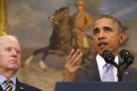 President Obama talks about a three-year limit on the authorization of the use of military force against the Islamic State in legislation he is sending to Congress, during his remarks from the Roosevelt Room at the White House, February 11, 2015. REUTERS/Jonathan Ernst