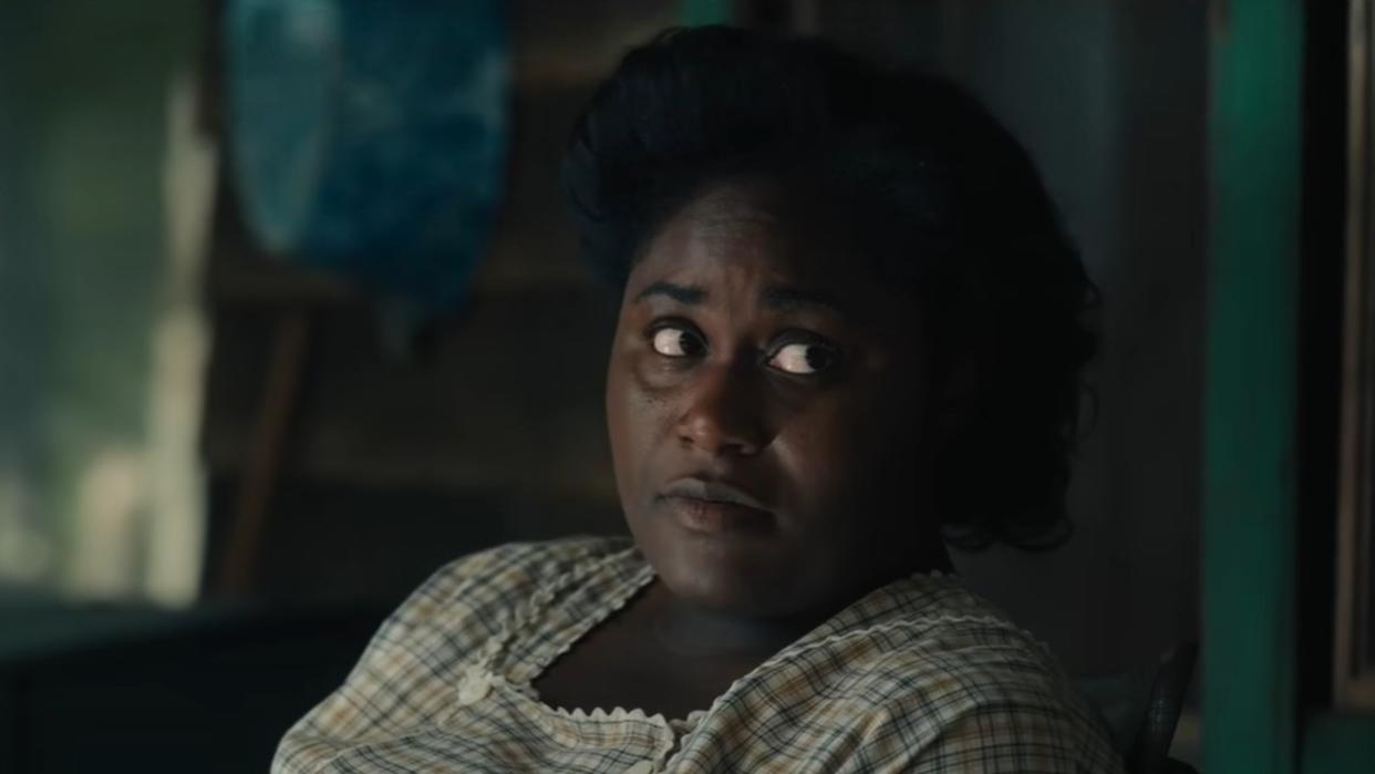  Danielle Brooks looking to the side as Sofia in The Color Purple. 