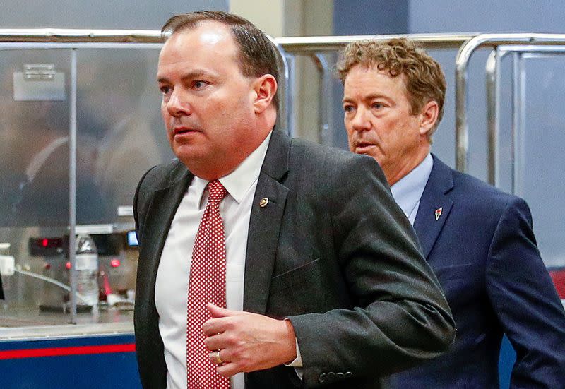 FILE PHOTO: U.S. Senators' Lee and Paul depart after national security briefing on Iran on Capitol Hill in Washington