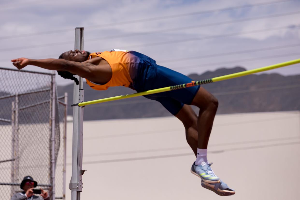 UTEP's Jalen Cadet competes in the men's high jump on Friday, May 10, 2024, on the first day of the Conference USA track and field championships in El Paso, TX, at the Kidd Field at UTEP.