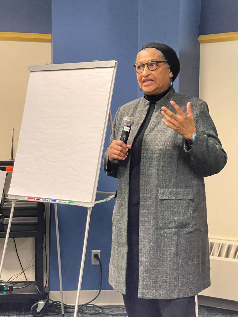 Dr. Stephany Pruitt talks about living with the trauma of knowing your last name was a product of rape and the pain African Americans and people of color deal with in America at a mental health conference March 4 at Marquette University.