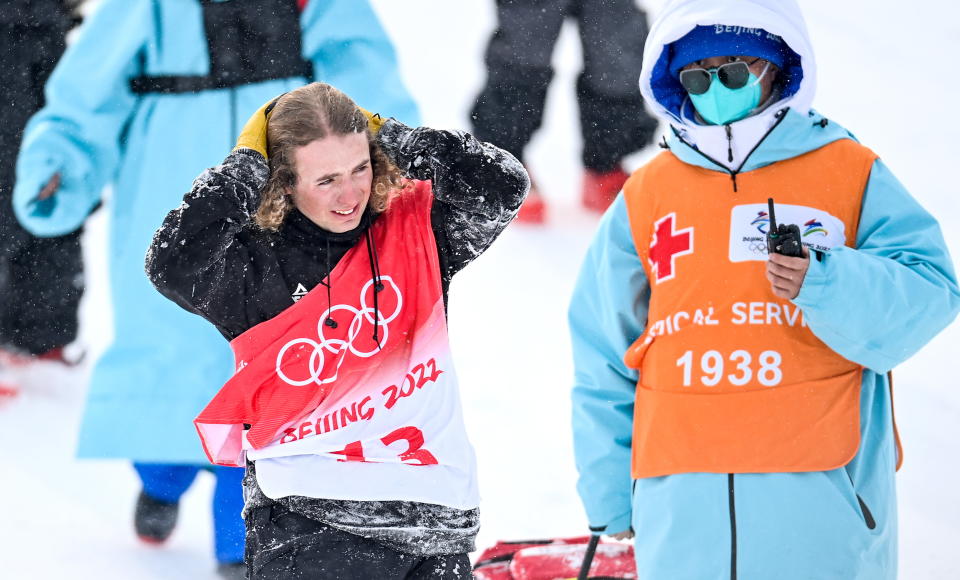 Ben Harrington, pictured here after crashing out during the men's freeski halfpipe qualification.