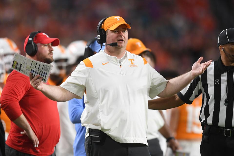 Tennessee head football coach Josh Heupel reacts to a call during the first half of the Orange Bowl game between the Tennessee Vols and Clemson Tigers at Hard Rock Stadium in Miami Gardens, Fla. on Friday, Dec. 30, 2022.