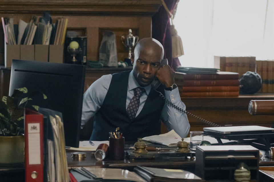 This image released by Netflix shows David Gyasi as Austin Dennison in a scene from "The Diplomat." (Netflix via AP)