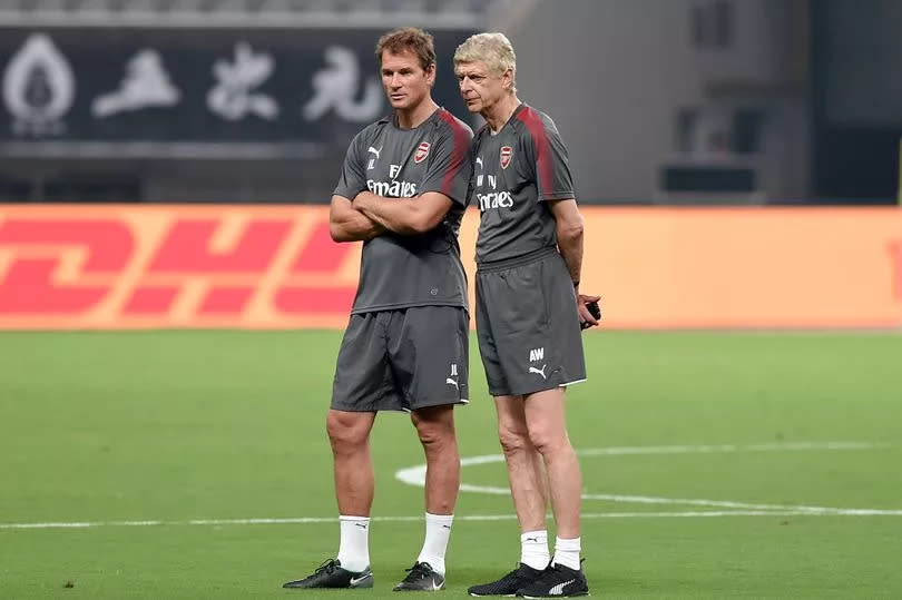 Arsene Wenger Jens Lehmann during a Arsenal training session in 2017.