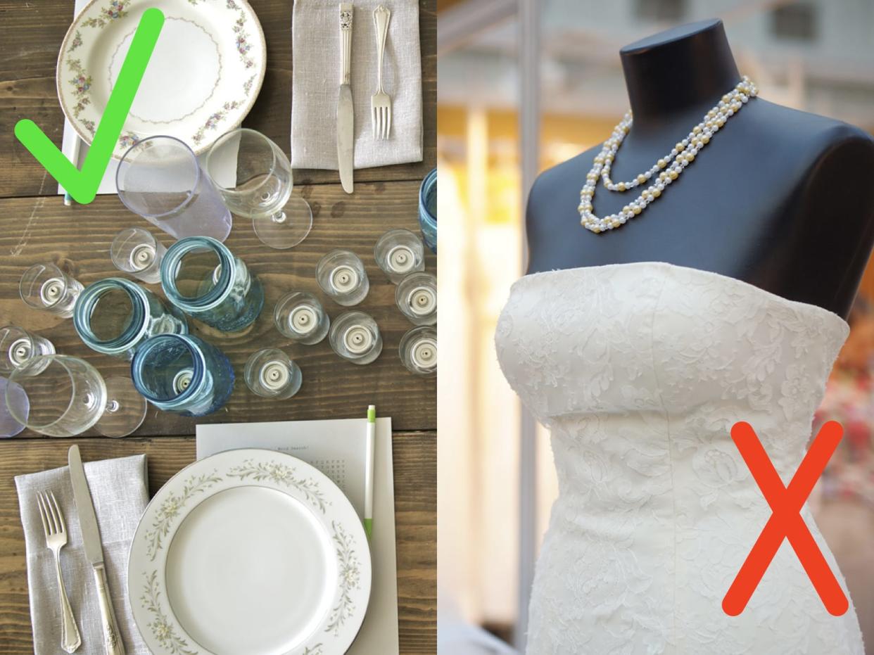 A table setting with thrifted glassware and plates and a green checkmark next to them; A mannequin with a wedding dress at a bridal show and a red X next to it