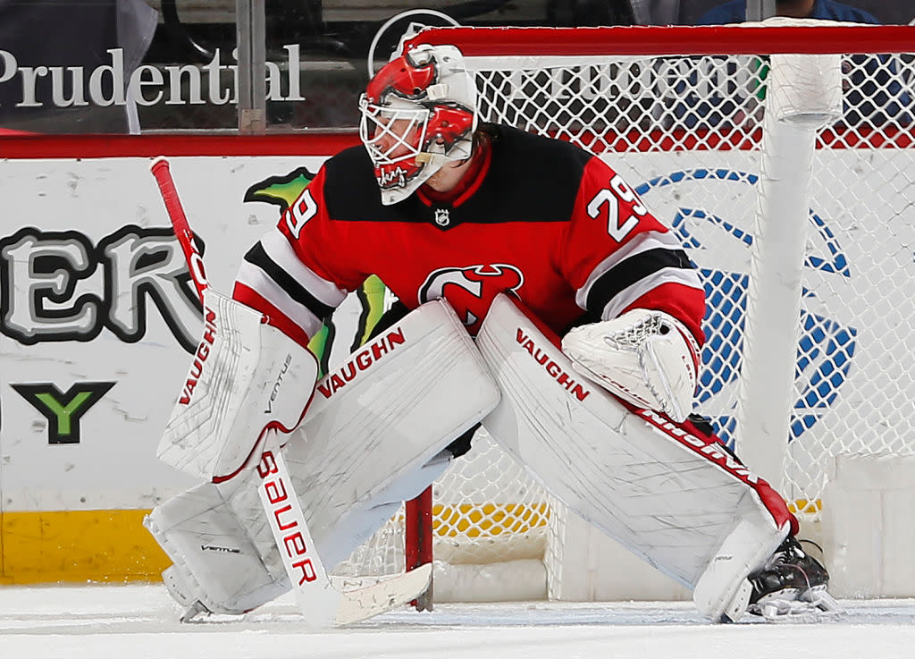 The Devils could be without their No. 1 netminder whenever they play in Canada as Blackwood remains New Jersey's lone unvaccinated player. (Getty)