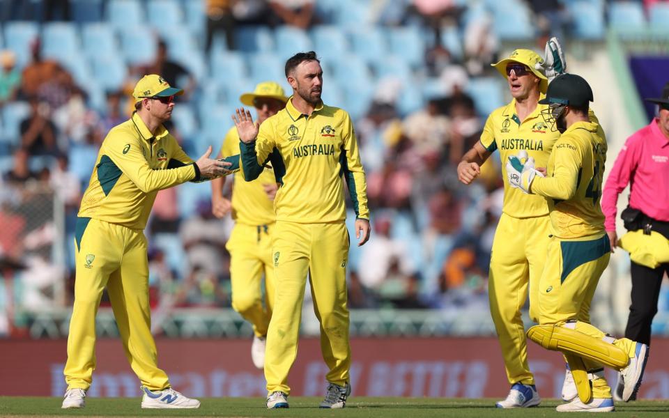 Glenn Maxwell of Australia celebrates the wicket of Temba Bavuma of South Africa during the ICC Men's Cricket World Cup India 2023 between Australia and South Africa at BRSABVE Cricket Stadium on October 12, 2023 in Lucknow, India