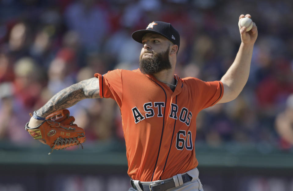 Houston Astros starting pitcher Dallas Keuchel delivers in the second inning during Game 3 of the baseball American League Division Series against the Cleveland Indians, Monday, Oct. 8, 2018, in Cleveland. (AP Photo/David Dermer)