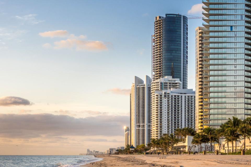 Panorama of Sunny Isles Beach city in Greater Miami area, Florida, USA at early morning