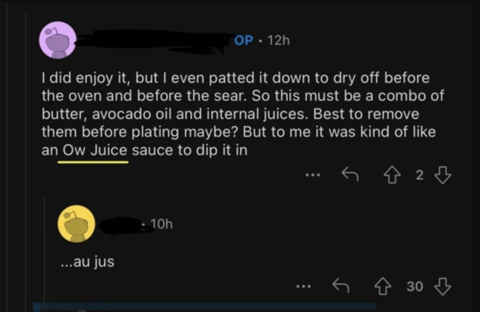 Screenshot of a social media post discussing food preferences, with humorous misinterpretation of 'au jus' as 'Ow Juice'