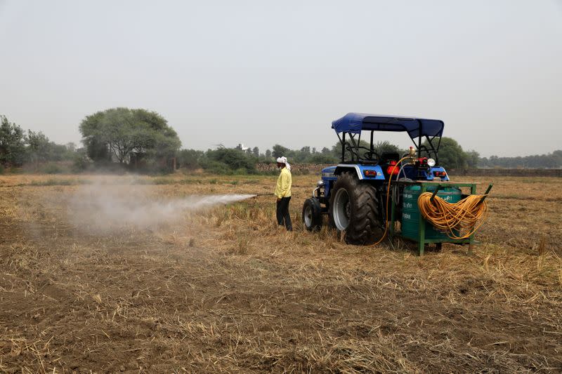 A man sprays newly-developed bio-decomposer solution in a field to prevent stubble burning, in New Delhi