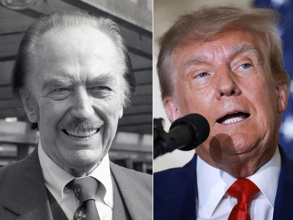 President Donald Trump speaks during an event at the Mar-a-Lago Club April 4, 2023 in West Palm Beach, Florida, andDeveloper Fred Trump attends the opening of the restored Wollman Rink in Central Park on November 5, 1987 in New York City, New York.